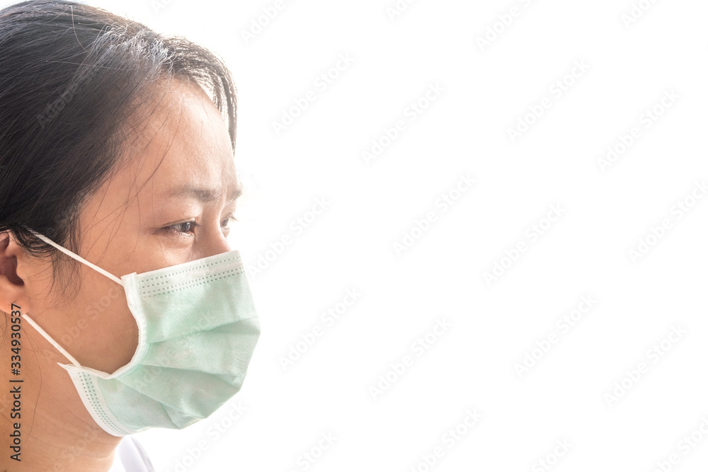 Asian woman wearing medical mask, face protection in prevention for coronavirus and dust PM 2.5, isolated on white background Asian woman wearing medical mask, face protection in prevention for coronavirus and dust PM 2.5, isolated on white background