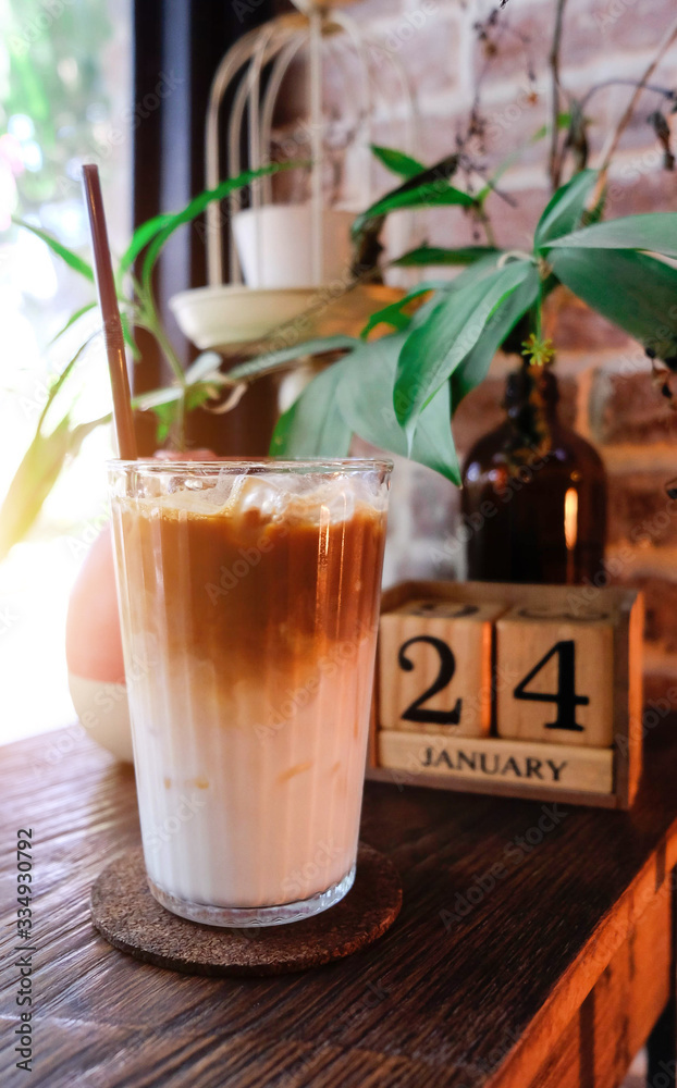 Iced Late Coffee placed on the table in the cafe Iced Late Coffee placed on the table in the cafe