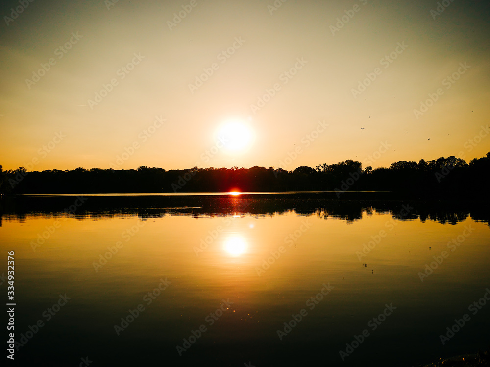 Landscape of a forest reflected in the water of a lake at sunset