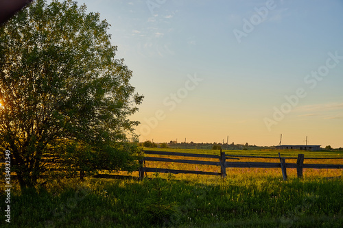 Countryside in with a meadow, field and a fence with wooden poles and posts in the evening during sunset