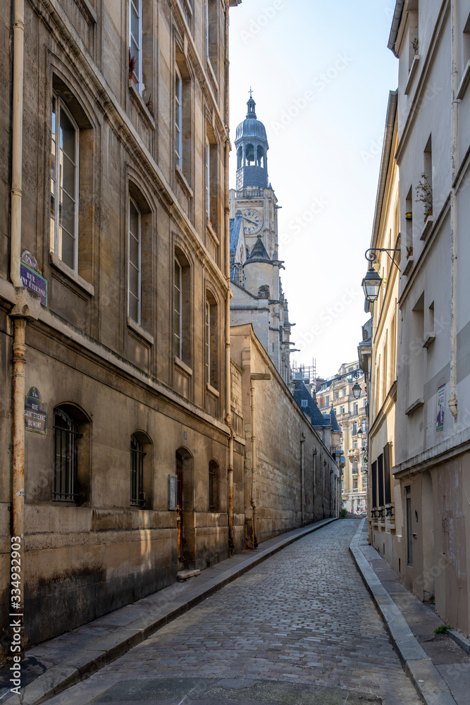 Paris, France - March 28, 2020: Because of containment due to Covid-19 pandemic there's nobody in the street of Paris, near Pantheon