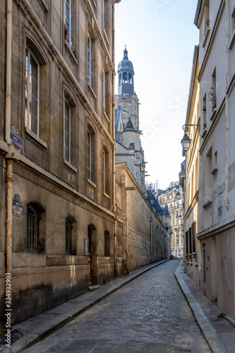 Paris, France - March 28, 2020: Because of containment due to Covid-19 pandemic there's nobody in the street of Paris, near Pantheon