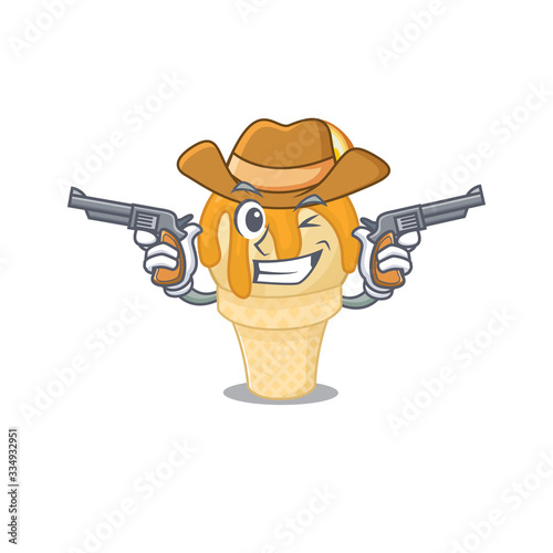 Cute handsome cowboy of orange ice cream cartoon character with guns