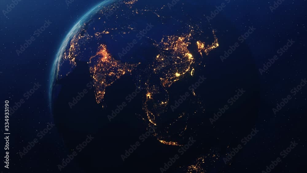 The Night seen of Planet Earth City Lights from the International Space Station space clouds . Sunsire 4K Loop Animation. Space, Planet, Galaxy, Stars, Cosmos, Sea, Earth, Sunset, Globe, World.