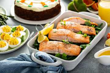 Roasted salmon and green beans for Easter brunch