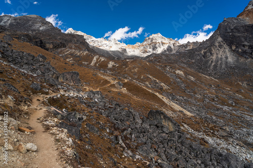 Trekking trail to Renjo la pass in Everest national park, Himalaya mountain range in Nepal