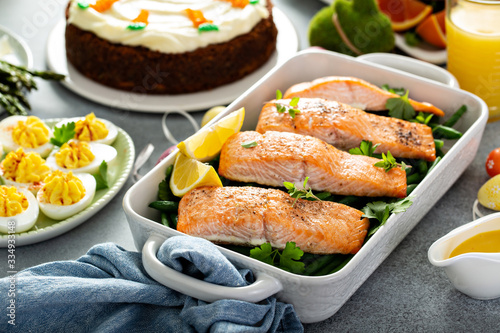 Photography Roasted salmon and green beans for Easter brunch