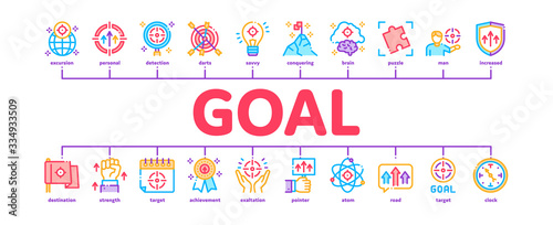Goal Target Purpose Minimal Infographic Web Banner Vector. Goal Aim On Planet And Lightbulb, Atom And Flag, Calendar And Medal Award Illustrations