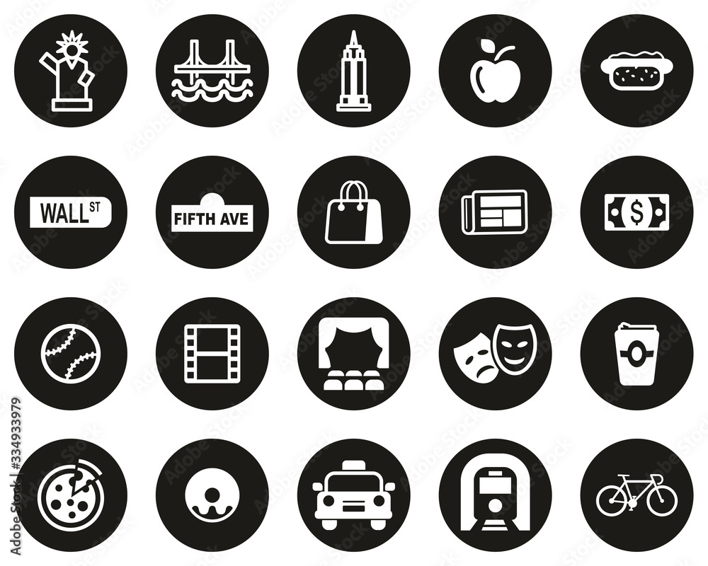 New York City & Culture Icons White On Black Flat Design Circle Set Big