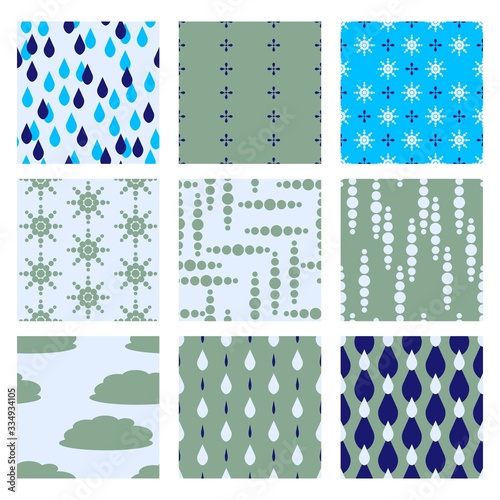 Rainy days vector patterns collection in blue and grey colors. Seamless pattern tiles in neutral harmony color and geometric layout. 