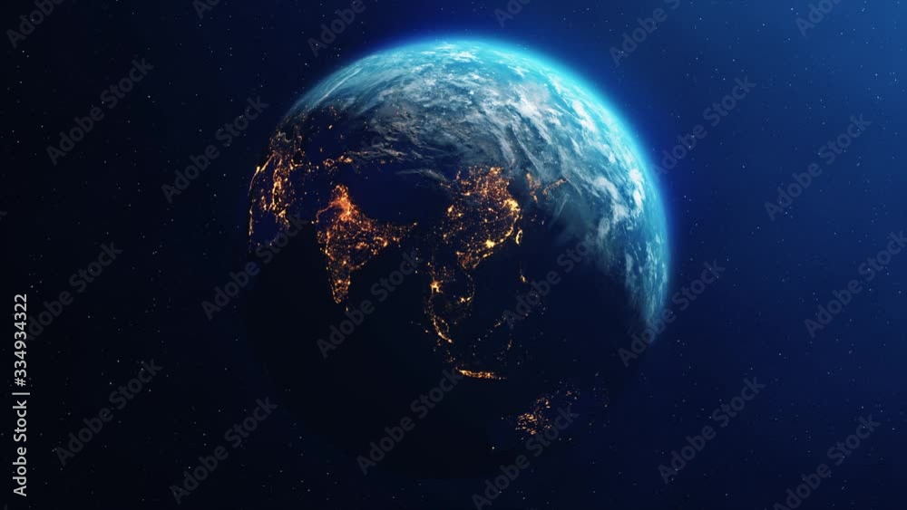 Planet Earth Slowly Rotating day to night concept with bright city lights from space 4K Loop Animation. Space, Planet, Galaxy, Stars, Cosmos, Sea, Earth, Sunset, Globe, World.
