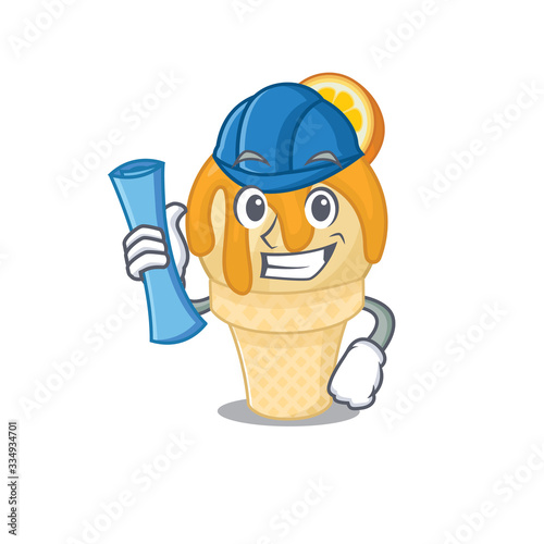 Cartoon character of orange ice cream brainy Architect with blue prints and blue helmet