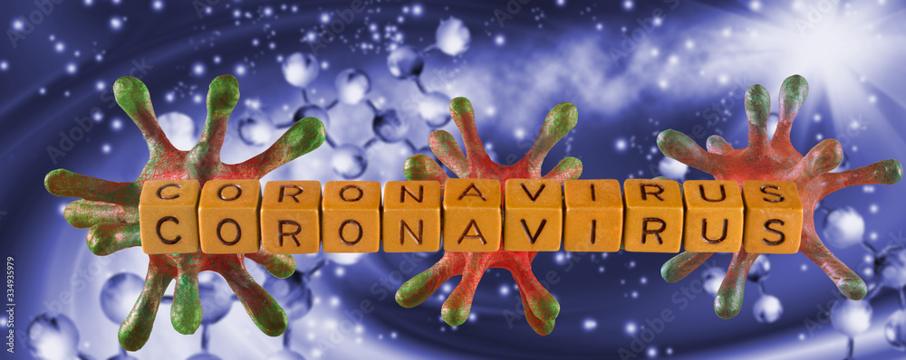Abstract image of coronaviruses on the background of a stylized image of the DNA chain.