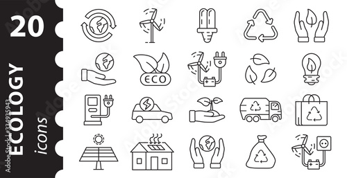 A set of ecology icons. Linear symbols in a modern flat style. Simple vector illustration.