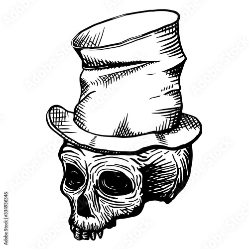 Hand drawn skull of a dead man in a crumpled top hat, on a white background. Vector illustration (ID: 334936346)