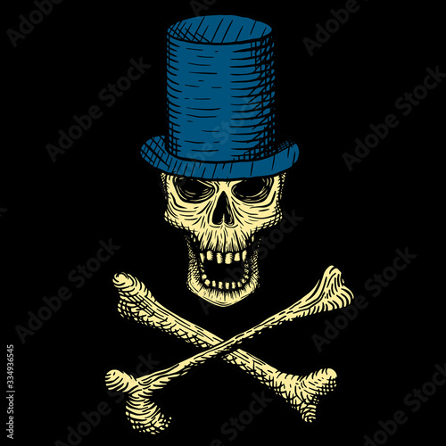 Hand drawn skull of a dead man in a blue top hat, with crossbones, on a black background. Vector illustration (ID: 334936545)