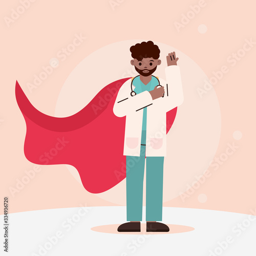 doctor hero, afro american physician with red cape cartoon photo