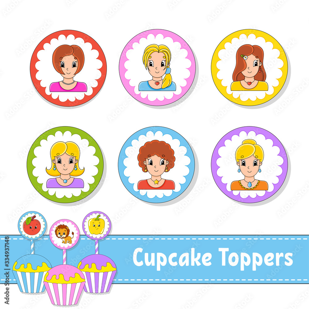 Cupcake Toppers. Set of six round pictures. Lovely smiling girls. Cartoon characters. Cute image. For birhday, party, baby shower.