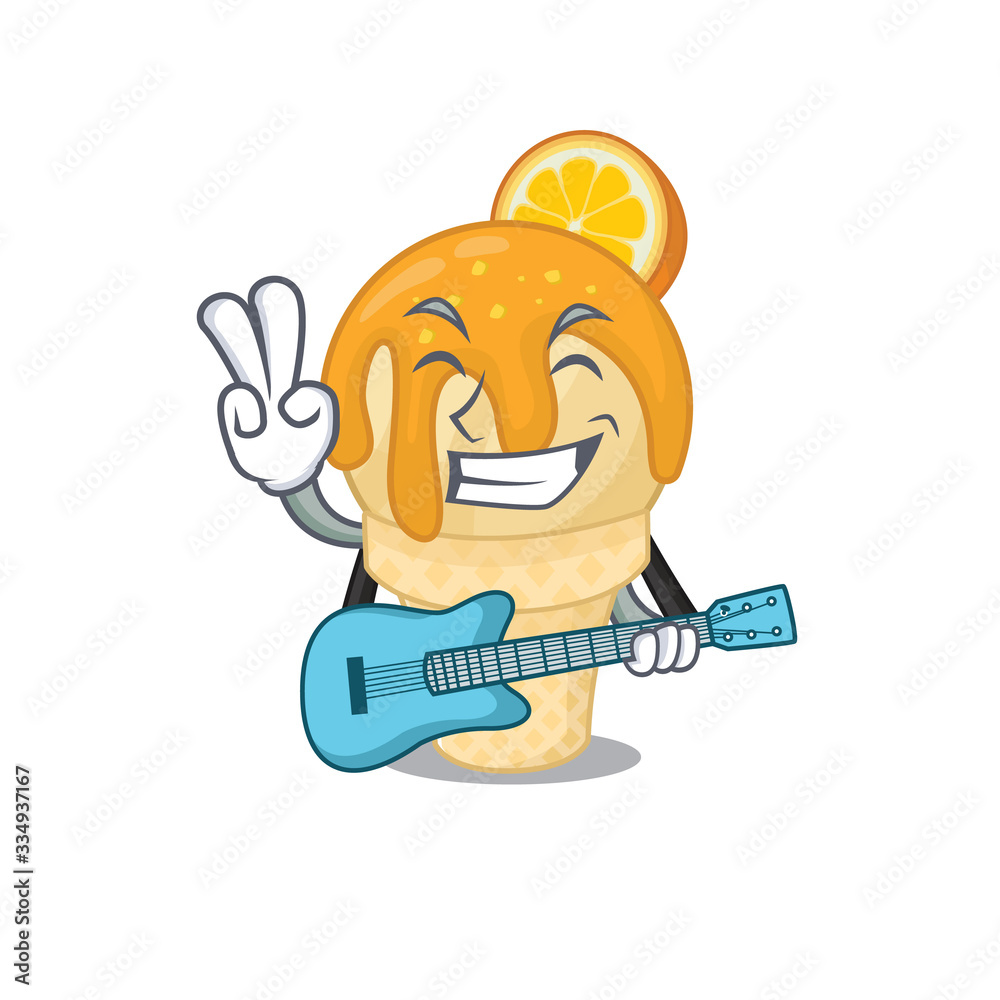 Talented musician of orange ice cream cartoon design playing a guitar