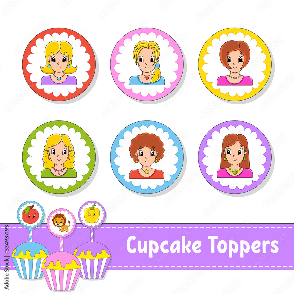 Cupcake Toppers. Set of six round pictures. Lovely smiling girls. Cartoon characters. Cute image. For birhday, party, baby shower.
