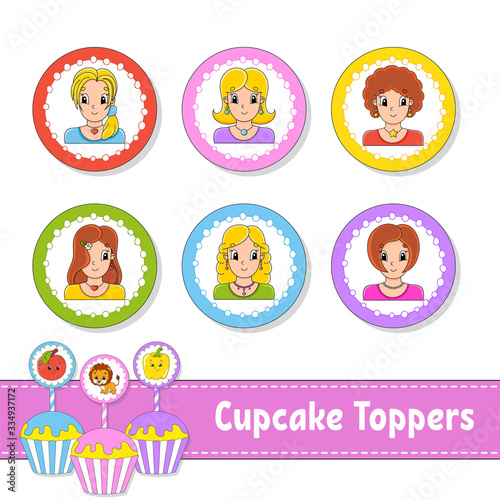 Cupcake Toppers. Set of six round pictures. Lovely smiling girls. Cartoon characters. Cute image. For birhday  party  baby shower.
