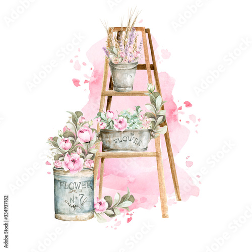 Wooden ladder with pink flowers and leaves