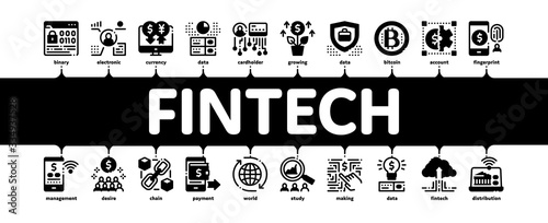 Fintech Innovation Minimal Infographic Web Banner Vector. Bitcoin Financial Technology, Binary Code And Electronic Exchange, Wifi Smartphone Fintech Illustrations