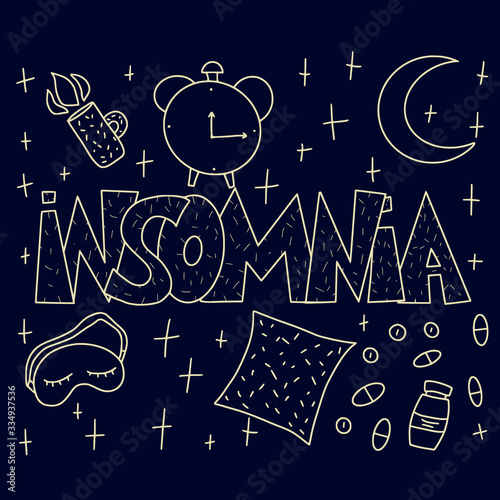 Insomnia vector hand drawn text. Stylized word.