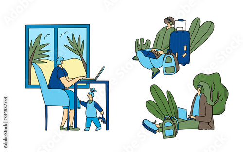 Digital nomand concept. Vector man with plaptop