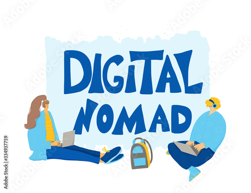 Digital nomand concept. Vector man with plaptop