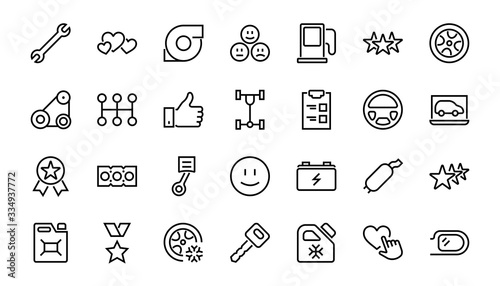 A simple set of car services related vector line icons. Contains icons such as oil, diagnostics, turbine, steering wheel, chassis, gearbox and much more. Editable move. 480x480 On a white background