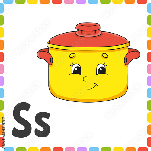 English alphabet. Letter S - stewpan. ABC square flash cards. Cartoon character isolated on white background. For kids education. Developing worksheet. Learning letters. Color vector illustration.