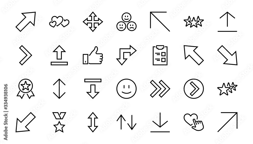 Set of line arrows, directions, arrows, contains icons such as pause, continuation, directly, to the right, Editable stroke. 480x480, On a white background, Vector illustration