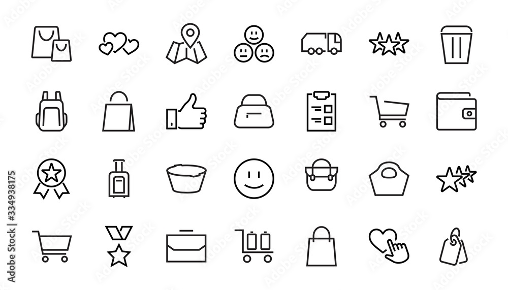 Simple set of bags, shopping and travel icons. Vector illustration Contains icons such as Card, wallet, shopping basket, discount, bowl, package. On a white background, editable stroke Simple set of bags, shopping and travel icons. Vector illustration Contains icons such as Card, wallet, shopping basket, discount, bowl, package. On a white background, editable stroke