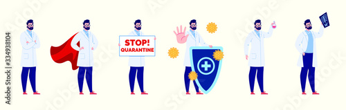 The doctor in various poses. Character design set. Vector illustration in a flat cartoon style.