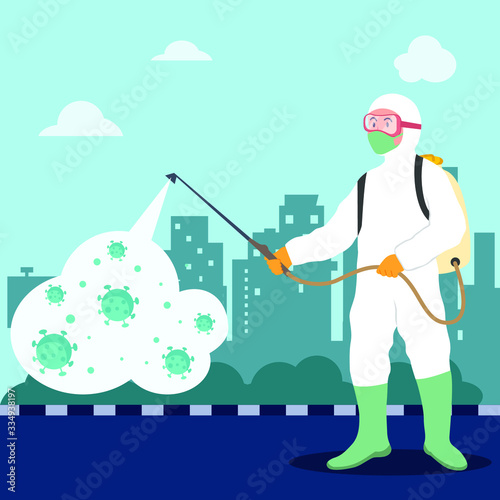 Virus Disinfection concept. Man in white hazmat suit cleaning the city from corona virus