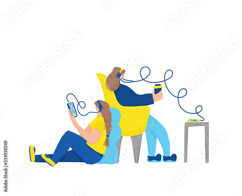 Podcast vector concept. Girl with audio stuff.