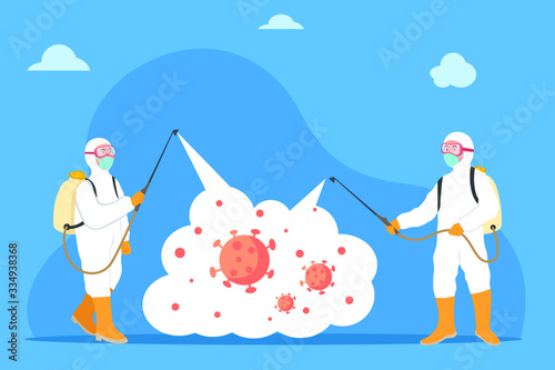 Virus Disinfection concept with two man in white hazmat suit spray the cleaning sanitize chemical to disinfect COVID-19 virus pathogen