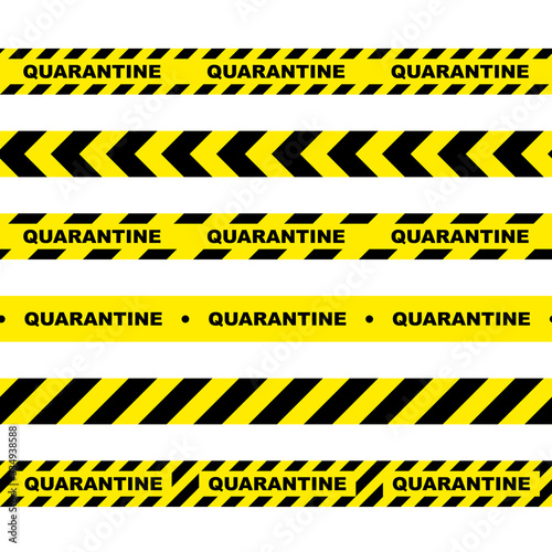 Seamless horizontal signal tape. Yellow warning tape with text Quarantine. Yellow black isolated alarm tape on white background. © olkita