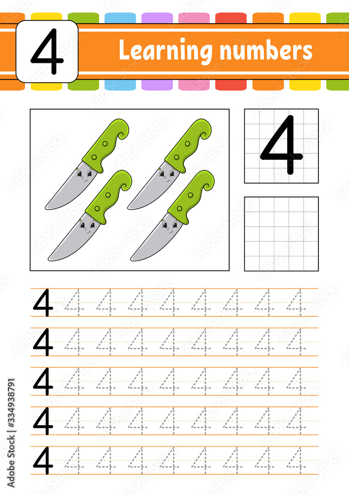 Number 4. Trace and write. Handwriting practice. Learning numbers for kids. Education developing ...