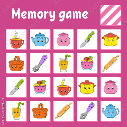Memory game for kids. Education developing worksheet. Activity page with pictures. Puzzle game for children. Logical thinking training. Isolated vector illustration. Funny character. Cartoon style.