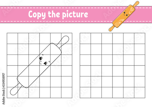Copy the picture. Rolling pin. Coloring book pages for kids. Education developing worksheet. Game for children. Handwriting practice. Catoon character.