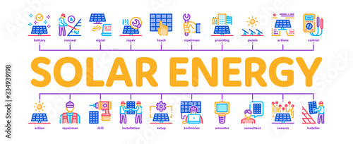 Solar Energy Technicians Minimal Infographic Web Banner Vector. Solar Energy Battery And Panel, Alternative Power Technology, Installation And Repair Illustrations