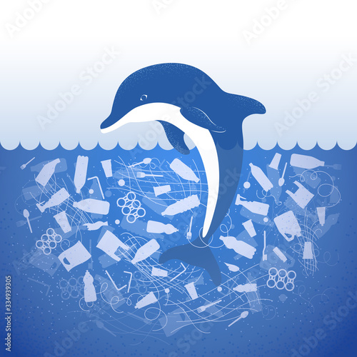 Stop ocean plastic pollution. Ecological poster dolphin in water with white plastic waste bag, bottle on blue background. Dolphin in garbage. Flat design.