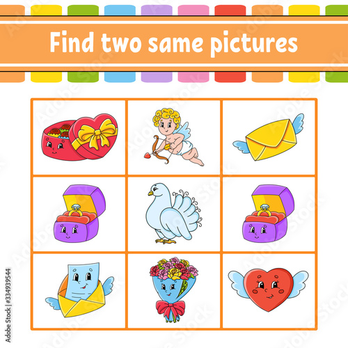 Find two same pictures. Task for kids. Education developing worksheet. Activity page. Color game for children. Funny character. Isolated vector illustration. Cartoon style. Valentine's Day.