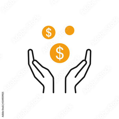 Isolated icon of some yellow coin, money in two outline hands on white background. Symbol of cash charity investment. Line icon of wealth, payment. logo flat design.