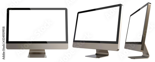 Set of Different Angles of Empty PC Monitors Isolated on White Background. 3D Render of Metallic Modern Sleek Screens.