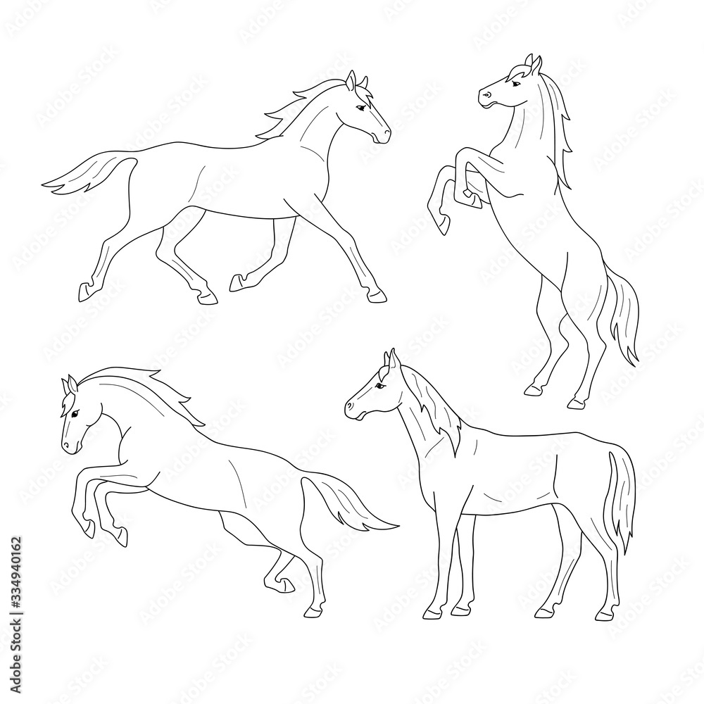 Set of line horses. Isolated black outline galloping, jumping running, trotting, rearing horse on white background. Side view. Curve lines. Page of coloring book. Set of line horses. Isolated black outline galloping, jumping running, trotting, rearing horse on white background. Side view. Curve lines. Page of coloring book.