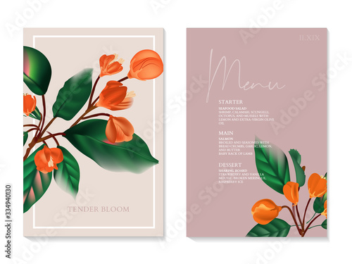 Holiday invite card with orange flower branch, party design flyer, nature save the date art. Special day celebration invitation, poster, menu design in vector