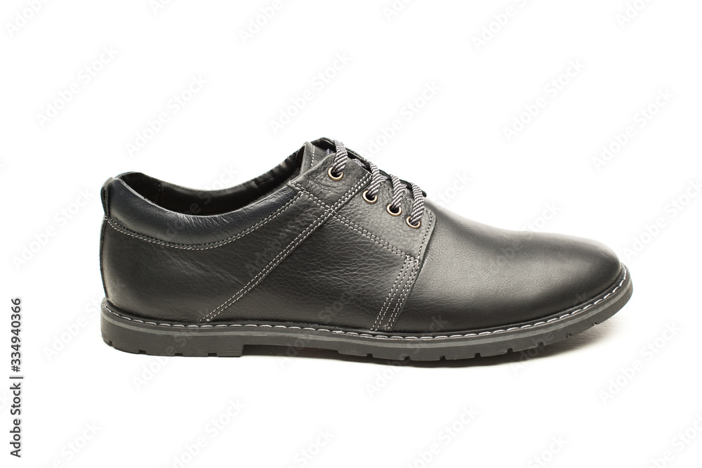 Black men's shoes leather standing on white background Black men's shoes leather standing on white background